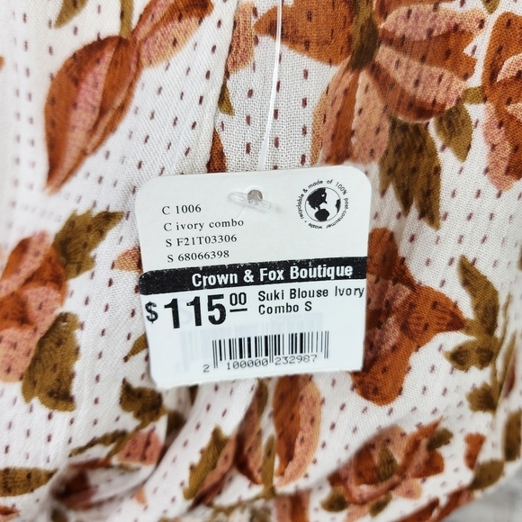 Free People Suki  Blouse Ivory Floral Size Small Billowy Boho Cream Terracotta - Picture 16 of 16